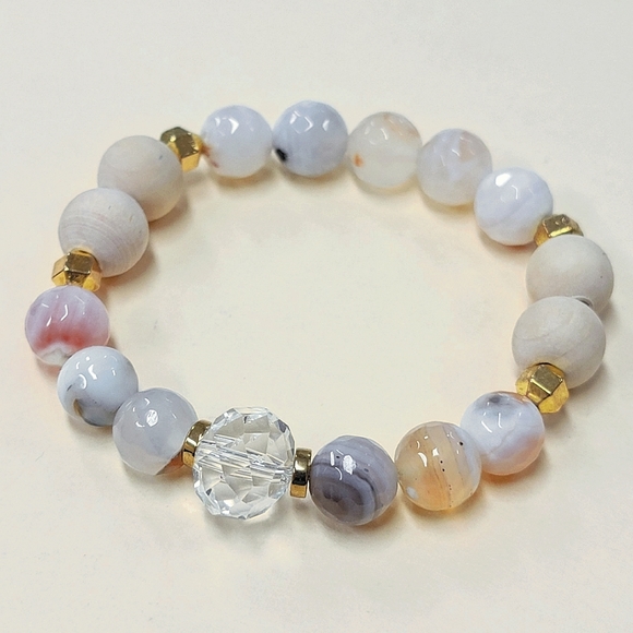 Faceted Semiprecious Agate Beaded Essential Oil Diffuser Elastic Bracelet - Picture 2 of 6